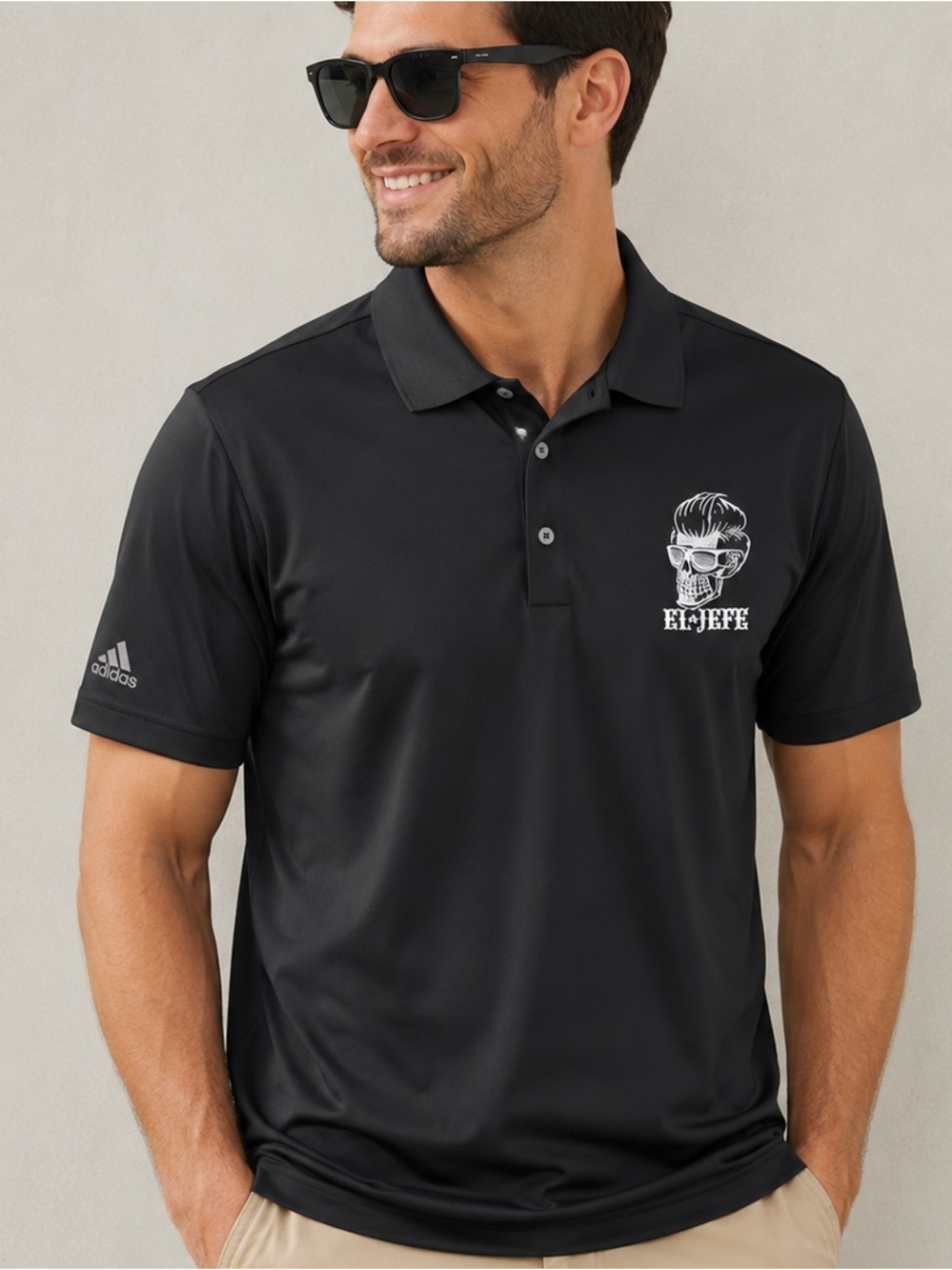 Adidas El Jefe Black Performance Polo Shirt Skull Logo Golf Casual Men’s